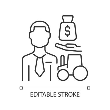 Tarım kredisi doğrusal simgesi. Tarım kredi memuru. Çiftçilerin kredi almasına yardım eden bir uzman. İnce çizgi özelleştirilebilir illüstrasyon. Contour sembolü. Vektör izole çizim. Düzenlenebilir vuruş