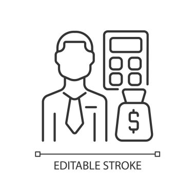 Bütçe analisti doğrusal simge. Finans kaynakları organizasyon uzmanı. Gider izleme uzmanı. İnce çizgi özelleştirilebilir illüstrasyon. Contour sembolü. Vektör izole çizim. Düzenlenebilir vuruş