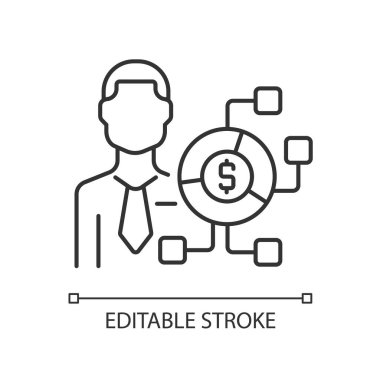 Dijital finans uzmanı doğrusal simgesi. Finansal alan dijitalleştirmesi. Uzaktan hizmet danışmanı. İnce çizgi özelleştirilebilir illüstrasyon. Contour sembolü. Vektör izole çizim. Düzenlenebilir vuruş