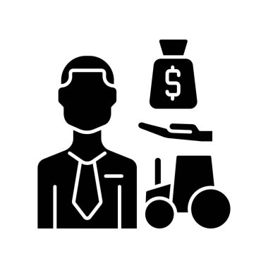 Tarım borç veren siyah kabartma simgesi. Tarım kredi memuru. Çiftlik kasası müdürü. Çiftçilerin kredi almasına yardım eden bir uzman. Beyaz uzayda siluet sembolü. Vektör izole illüstrasyonu