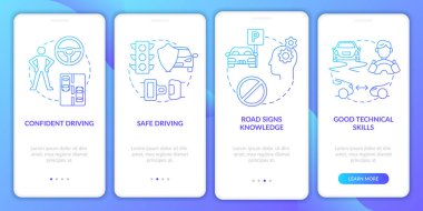 Sürücü kursu, seyyar uygulama ekranında mavi gradyan sonuç verir. 4 aşamalı grafik talimatlar ve kavramlarla yürüyün. UI, UX, doğrusal renk çizimleri olan GUI vektör şablonu