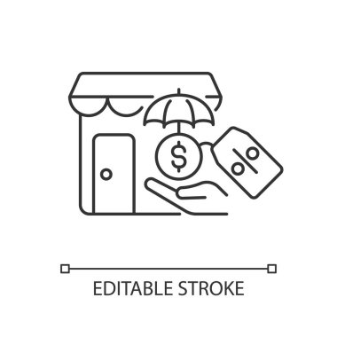 Küçük işletme sigortası doğrusal ikon indirimi yapar. Küçük işletme tazminatı. Finansal güvenlik. İnce çizgi özelleştirilebilir illüstrasyon. Contour sembolü. Vektör izole çizim. Düzenlenebilir vuruş