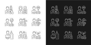 Finans işleri koyu ve açık renk kipi için doğrusal simgeler ayarlandı. Yatırım uzmanları. Mali güvenlik uzmanları. Özelleştirilebilir ince çizgi sembolleri. İzole vektör çizimi çizimleri. Düzenlenebilir vuruş