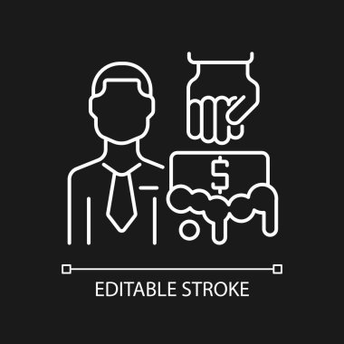 Kara tema için para aklama karşıtı denetçi beyaz doğrusal simge. Bağımsız takip nakit uzmanı. İnce çizgi özelleştirilebilir illüstrasyon. Gece modu için izole vektör kontur sembolü. Düzenlenebilir vuruş