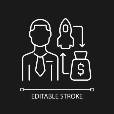 Karanlık tema için girişken kapitalist beyaz doğrusal simge. Özel sermaye yatırımcısı. Girişimci yatırımcı. İnce çizgi özelleştirilebilir illüstrasyon. Gece modu için izole vektör kontur sembolü. Düzenlenebilir vuruş