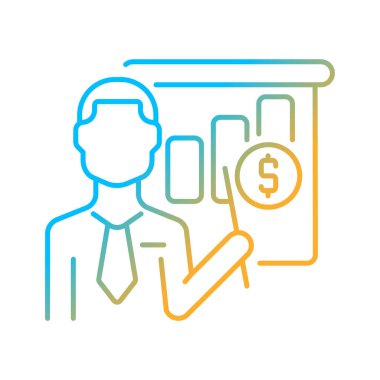 İşletme öğretmeni gradyan vektör simgesi. Yönetim ve yönetim eğitmeni. İş eğitmeni. İnce çizgi renk sembolü. Modern tarz pictogram. Vektör izole çizimi