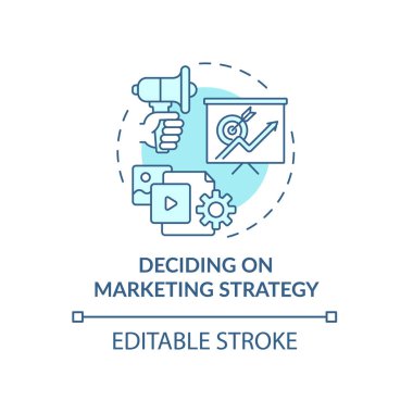 Pazarlama stratejisi mavi konsept ikonu üzerinde karar veriyorum. Şirket için reklam plânı. İş modeli soyut fikir ince çizgi çizimi. Vektör izole edilmiş dış hat renk çizimi. Düzenlenebilir vuruş