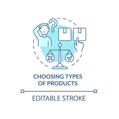 Ürün türleri mavi konsept simgesi seçiliyor. Müşteri karşılaştırma şirketi teklifleri. İş modeli soyut fikir ince çizgi çizimi. Vektör izole edilmiş dış hat renk çizimi. Düzenlenebilir vuruş