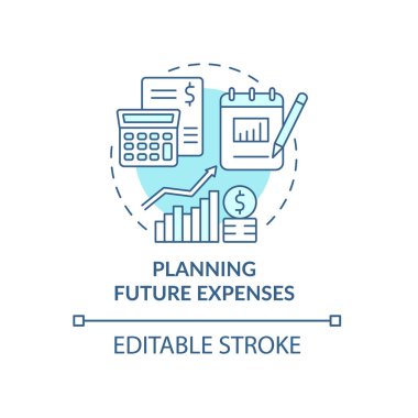 Gelecek harcamaları planlamak mavi konsept simgesi. Gelir tahmini. Mali yönetmelik. İş modeli soyut fikir ince çizgi çizimi. Vektör izole edilmiş dış hat renk çizimi. Düzenlenebilir vuruş