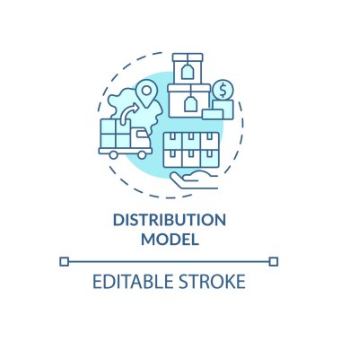 Dağıtım modeli mavi konsept simgesi. Lojistik ve tedarik zinciri. Depodan gemi malları. İş modeli soyut fikir ince çizgi çizimi. Vektör izole edilmiş dış hat renk çizimi. Düzenlenebilir vuruş