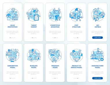 İş mavisi mobil uygulama sayfası ekran seti. Şirket yapısı. Atılgan, kavramlarla birlikte 5 adımlık grafik talimatları inceliyor. UI, UX, doğrusal renk çizimleri olan GUI vektör şablonu