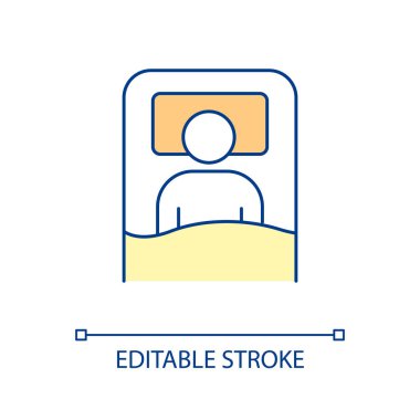 Arka uyuyan RGB renk simgesi. Sırt ve boyun ağrısını önlemek için uyku pozisyonu. Rahat yatak ve şilte. İyi uykular. Ortopedik yastık. İzole vektör çizimi. Basit doldurulmuş çizgi çizimi