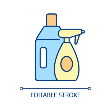 Kimyasal temizleyiciler RGB renk simgesi. Ev temizliği. Temizlik servisi. Oda servisi. Ev hijyeni ve temizlik. Yıkama ekipmanı. İzole vektör çizimi. Basit doldurulmuş çizgi çizimi