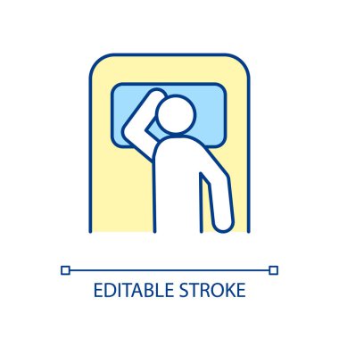 Kişisel uyku pozu RGB renk simgesi. Uyurken bireysel duruş. Omurga sağlığı. Sağlıklı pozisyon. Huzur içinde yat. İzole vektör çizimi. Basit doldurulmuş çizgi çizimi