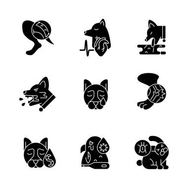 Evcil hayvan hastalıkları, beyaz uzaya dizilmiş siyah kabartma sembolleri. Hayvan sağlığı sorunları. Bulaşıcı hastalık. Virüsler ve parazitler enfeksiyon kapmış. Siluet sembolleri. Vektör izole illüstrasyonu