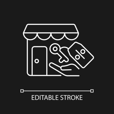 Koyu renk tema için beyaz doğrusal simge kiralar. Küçük iş teşvikleri. Ev sahibi ve kiracı. İnce çizgi özelleştirilebilir illüstrasyon. Gece modu için izole vektör kontur sembolü. Düzenlenebilir vuruş