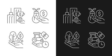 Grant ve yatırım lineer simgeleri karanlık ve aydınlık moduna ayarlandı. Küçük işletme finansal desteği. Özelleştirilebilir ince çizgi sembolleri. İzole vektör çizimi çizimleri. Düzenlenebilir vuruş