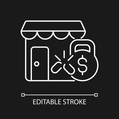 Koyu renk tema için küçük işletme borçları azaltma beyaz doğrusal simgesi. İş teşvikleri. Sorumluluk yardımı. İnce çizgi özelleştirilebilir illüstrasyon. Gece modu için izole vektör kontur sembolü. Düzenlenebilir vuruş