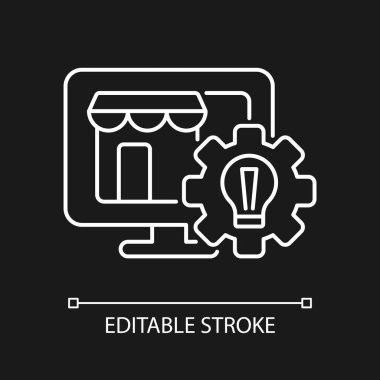 Karanlık tema için web sitesi oluşturma beyaz doğrusal simgesi. Küçük işletme gelişimi. Çevrimiçi pazar yeri. İnce çizgi özelleştirilebilir illüstrasyon. Gece modu için izole vektör kontur sembolü. Düzenlenebilir vuruş