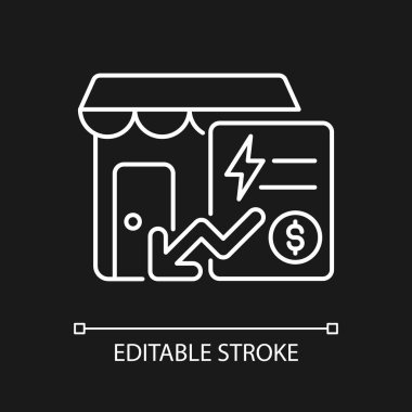 Karanlık tema için toplumsal ödemelerin azaltılması beyaz doğrusal simge. Küçük işletmeler için ödeme. İnce çizgi özelleştirilebilir illüstrasyon. Gece modu için izole vektör kontur sembolü. Düzenlenebilir vuruş