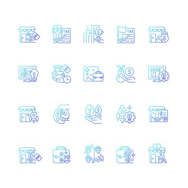 Küçük işletme teşvikleri gradyan doğrusal vektör simgeleri ayarlandı. Finansal destek başlatıyor. Hükümet programları ve fonları. İnce çizgili sembol demetleri. İzole edilmiş taslak illüstrasyon koleksiyonu