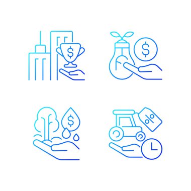 Grant ve yatırım gradyanı doğrusal vektör simgeleri ayarlandı. Küçük işletme finansal desteği. Kira ve vergi indirimi. İnce çizgili sembol demetleri. İzole edilmiş taslak illüstrasyon koleksiyonu