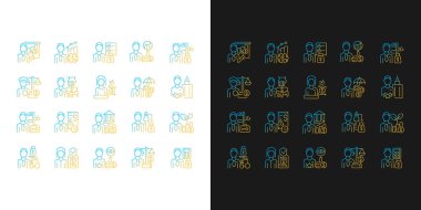 Finans kariyerleri ve istihdam gradyan simgeleri karanlık ve aydınlık moda ayarlandı. Finansal alan uzmanları. İnce çizgili sembol demetleri. Siyah ve beyaz üzerine izole vektör ana hatları koleksiyonu