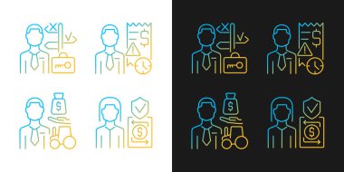 Finansal işgal eğrisi simgeleri karanlık ve aydınlık moduna ayarlandı. Finans kurumları çalışanları. İnce çizgili sembol demetleri. Siyah ve beyaz üzerine izole vektör ana hatları koleksiyonu