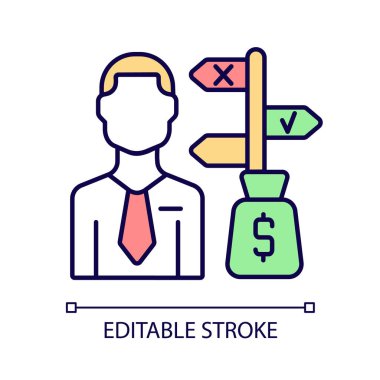 Varlık yöneticisi RGB renk simgesi. Yatırım kararları veren bir uzman. Borsa operatör uzmanı. Finansal danışman. İzole vektör çizimi. Basit bir çizgi çizimi. Düzenlenebilir vuruş