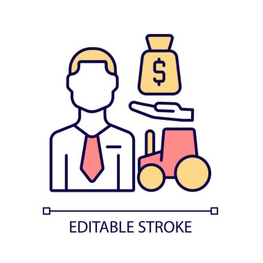 Tarım kredisi RGB renk simgesi. Tarım kredi memuru. Çiftlik kasası müdürü. Çiftçilerin kredi almasına yardım eden bir uzman. İzole vektör çizimi. Basit bir çizgi çizimi. Düzenlenebilir vuruş