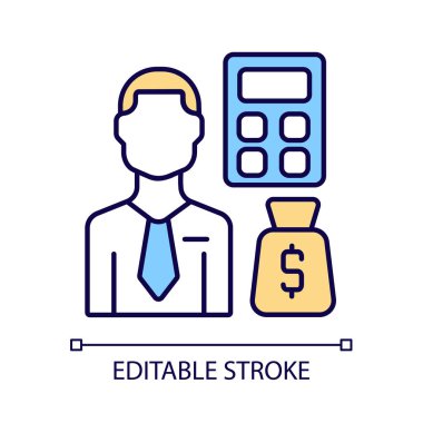 Bütçe analisti RGB renk simgesi. Finansal kaynaklar organizasyonu uzmanı. Gelir ve gider izleme uzmanı. İzole vektör çizimi. Basit bir çizgi çizimi. Düzenlenebilir vuruş