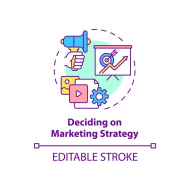 Pazarlama stratejisi konsepti ikonu üzerinde karar veriyorum. Şirket için reklam plânı. Terfi servisi. İş modeli soyut fikir ince çizgi çizimi. Vektör izole edilmiş dış hat renk çizimi. Düzenlenebilir vuruş