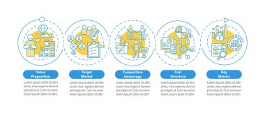 İş operasyonel vektör bilgi şablonu. Enterprise sunum tasarım elementleri. Veri görselleştirmesi 5 adımda. İşlem zaman çizelgesi bilgi şeması. Satır simgeleriyle çalışma akışı düzeni