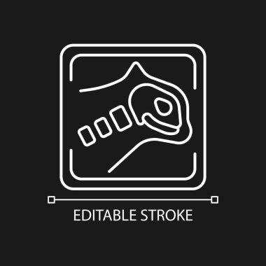 Koyu tema için evcil hayvan x ışınları beyaz doğrusal simge. Radyografi teşhisi. Evcil hayvan iskeleti muayenesi. İnce çizgi özelleştirilebilir illüstrasyon. Gece modu için izole vektör kontur sembolü. Düzenlenebilir vuruş