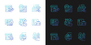 Küçük işletme finansal destek gradyan simgeleri karanlık, aydınlık mod için ayarlandı. Vergi indirimi. İnce çizgili sembol demetleri. Siyah ve beyaz üzerine izole vektör ana hatları koleksiyonu