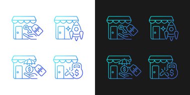 Hızlı büyüme gradyanı simgeleri karanlık ve aydınlık moduna ayarlandı. Küçük bir işletme. İnce çizgili sembol demetleri. Siyah ve beyaz üzerine izole vektör ana hatları koleksiyonu