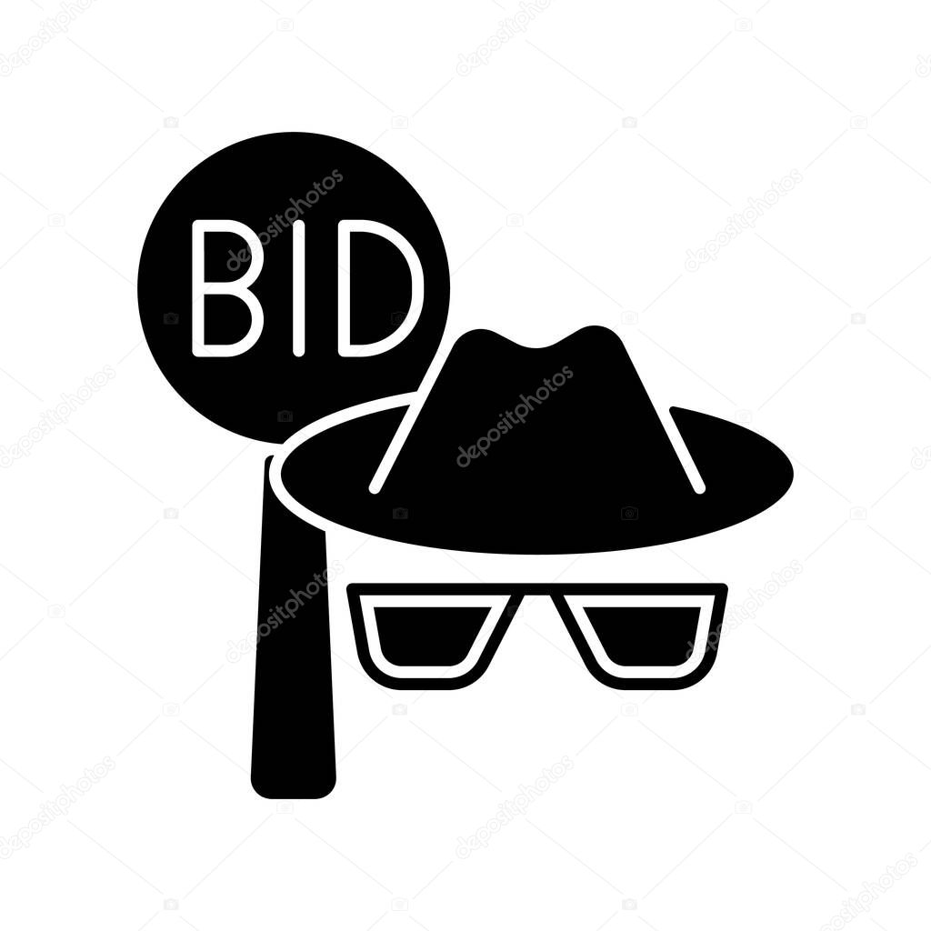 Silent auction black glyph icon. Fundraising event. Anonymous attendees. Bidding sheet. Nonprofit organization charity occasion. Silhouette symbol on white space. Vector isolated illustration