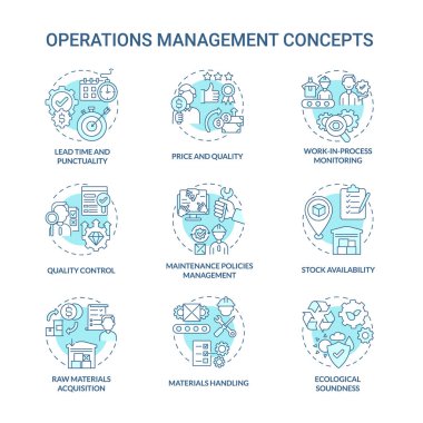 Operasyon yönetimi mavi konsept simgeleri ayarlandı. Başlama zamanı. Fiyat ve kalite. Üretim verimliliği kontrol fikri ince çizgi renk çizimleri. Vektör izole çizimler. Düzenlenebilir vuruş