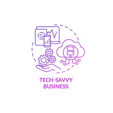 Teknolojiden anlayan mor gradyan kavram ikonu. Dijital olarak gelişmiş bir organizasyon. Bileşik yapı. İş modeli soyut fikir ince çizgi çizimi. Vektör izole edilmiş dış çizgi renk çizimi