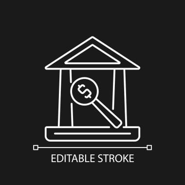 Karanlık tema için müzayede evi lineer simgesi. Şirket eşya ve antika satıyor. Satın alma ve satma. İnce çizgi özelleştirilebilir illüstrasyon. Gece modu için izole vektör kontur sembolü. Düzenlenebilir vuruş