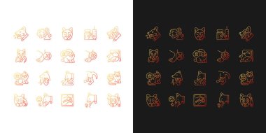 Hayvan hastalıkları gradyan simgeleri karanlık ve aydınlık moduna ayarlandı. Veteriner muayenesi ve tedavi. İnce çizgili sembol demetleri. Siyah ve beyaz üzerine izole vektör ana hatları koleksiyonu