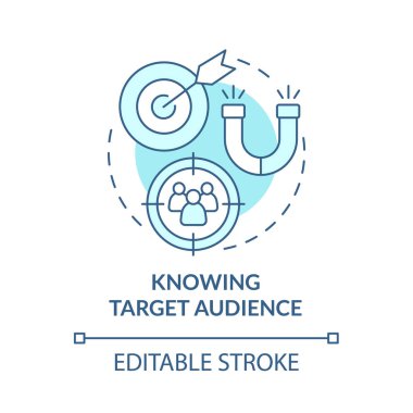 Hedef kitle mavi konsept ikonunu bilmek. Müşteri tabanı inceleniyor. Müşteri araştırması. Marka planlama soyut fikir ince çizgi çizimi. Vektör izole edilmiş dış hat renk çizimi. Düzenlenebilir vuruş