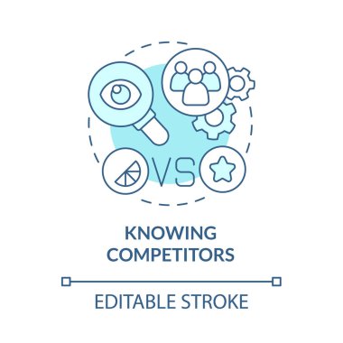 Rakiplerin mavi konsept simgelerini bilmek. Verimli tanıtım için rekabetçi pazarı analiz et. Marka planlama soyut fikir ince çizgi çizimi. Vektör izole edilmiş dış hat renk çizimi. Düzenlenebilir vuruş