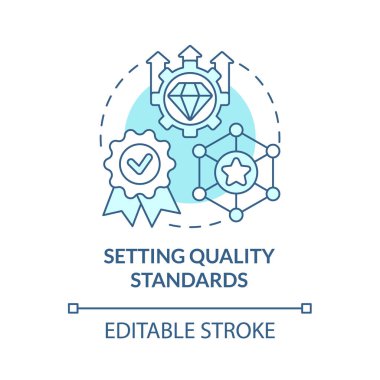 Kaliteli standartlar mavi konsept simgesi ayarlanıyor. Performans kontrolü. Servis garantisi. Marka planlama soyut fikir ince çizgi çizimi. Vektör izole edilmiş dış hat renk çizimi. Düzenlenebilir vuruş