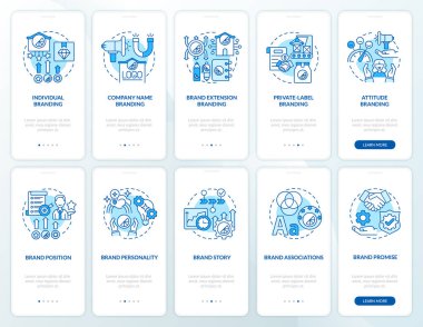 Mobil uygulama ekran seti üzerinde mavi renk planlama. İş stratejisi, kavramlarla birlikte 5 aşamalı grafik talimatlar içeriyor. UI, UX, doğrusal renk çizimleri olan GUI vektör şablonu