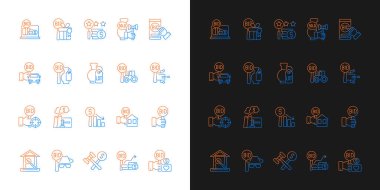 Açık arttırma gradyan simgeleri karanlık ve aydınlık moduna ayarlandı. Rekabetçi pazarlık. Öge için teklif veriyorum. İnce çizgili sembol demetleri. Siyah ve beyaz üzerine izole vektör ana hatları koleksiyonu