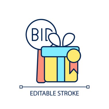 Açık arttırma birincisi RGB renk simgesi. En yüksek teklif veren kazanır. Teklif yarışması. Antika ve mülk satışı. Diğer alıcılara fazla fiyat ver. İzole vektör çizimi. Basit bir çizgi çizimi. Düzenlenebilir vuruş