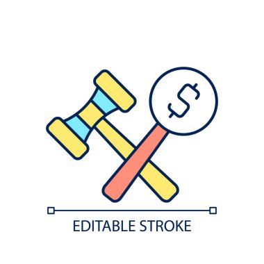 Açık arttırma RGB renk simgesi. Eşya için rekabetçi teklif. Mülkiyet ve antika pazarlığı. Satmak ve satın almak. İzole vektör çizimi. Basit bir çizgi çizimi. Düzenlenebilir vuruş