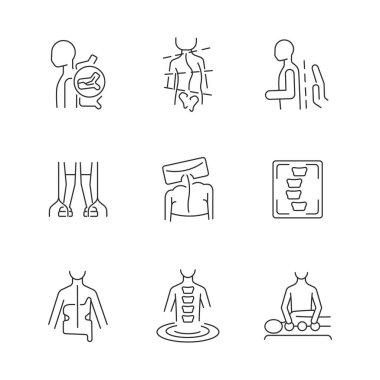 Skolyoz teşhisi ve tedavi doğrusal simgeleri ayarlandı. Omurga sorunları. Omurga düzeltme egzersizleri. Özelleştirilebilir ince çizgi şekilleri. İzole vektör çizimi çizimleri. Düzenlenebilir vuruş