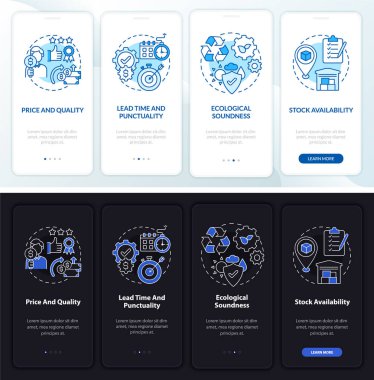 Harekat yönetimi mobil uygulama sayfası ekranında ölçü aldı. Konsept ile dört aşamalı grafik bilgilendirme denetimi. UI, UX, GUI vektör şablonu ile gece ve gündüz kip çizimleri